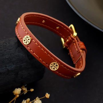 The Leather Stud Cuff (Gold - Brown)