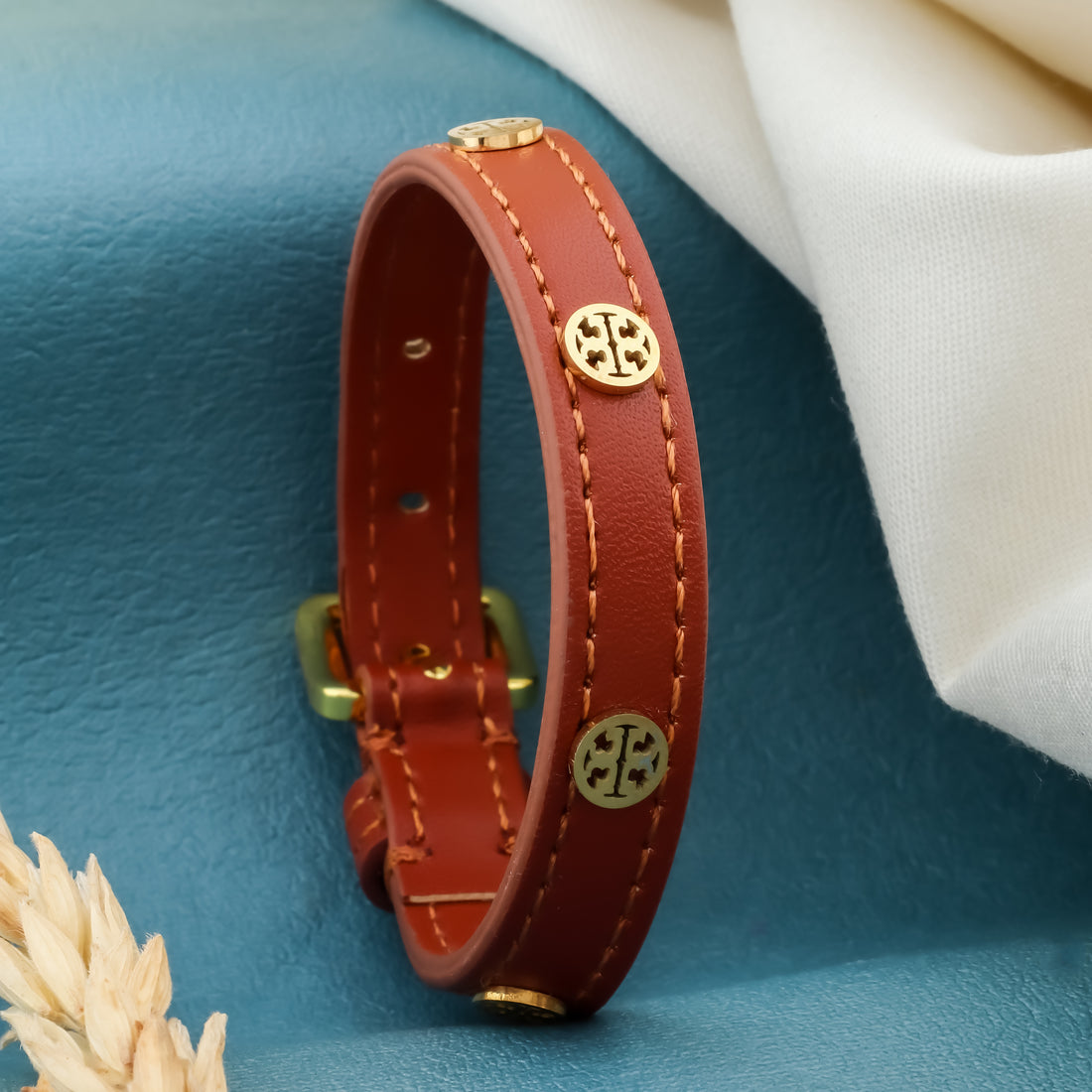 The Leather Stud Cuff (Gold - Brown)