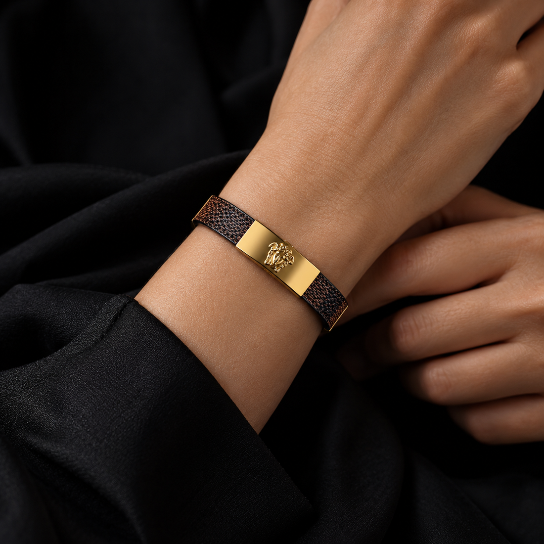The Leather Stud Cuff (Gold - Brown)